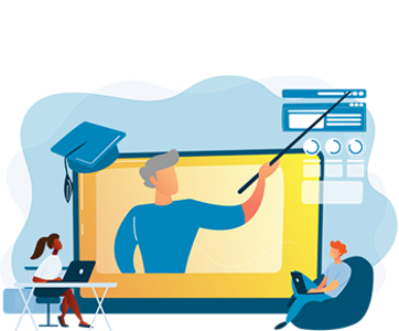 Zwei Personen verfolgen ein Webinar auf einem übergroßen Monitor