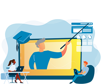 Zwei Personen verfolgen ein Webinar auf einem übergroßen Monitor