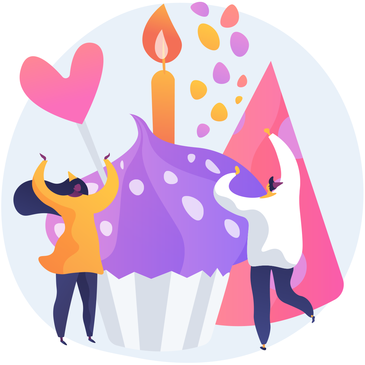 Zwei Personen stehen vor einem Riesen-Cup-Cake und feiern Geburtstag